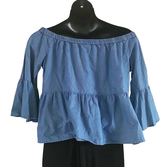 A.N.A Denim Off Shoulder Blouse with Floral Embroidery – Size Large – 3/4 sleeve - Picture 6 of 6